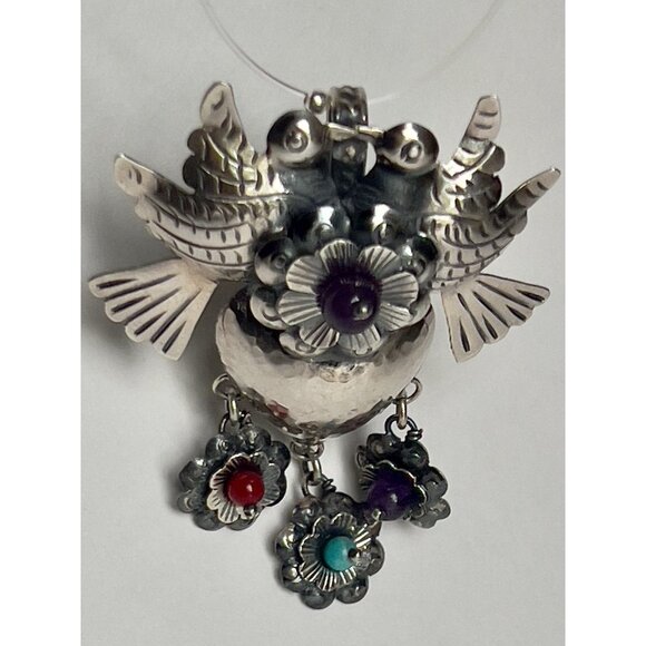 Handmade Mexican Sterling Silver  Love Bird Heart Pendant - Picture 8 of 15